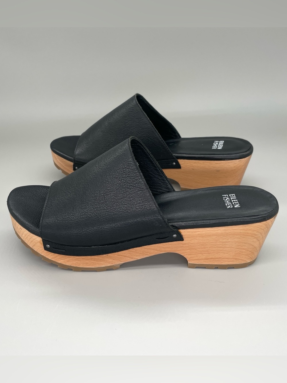 Eileen Fisher Black Leather Slide Clogs with Wood Platform Size 11